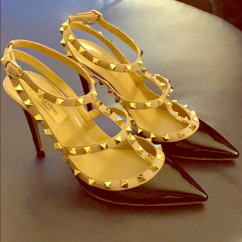 Valentino Garavani Black and Gold Studded Heels